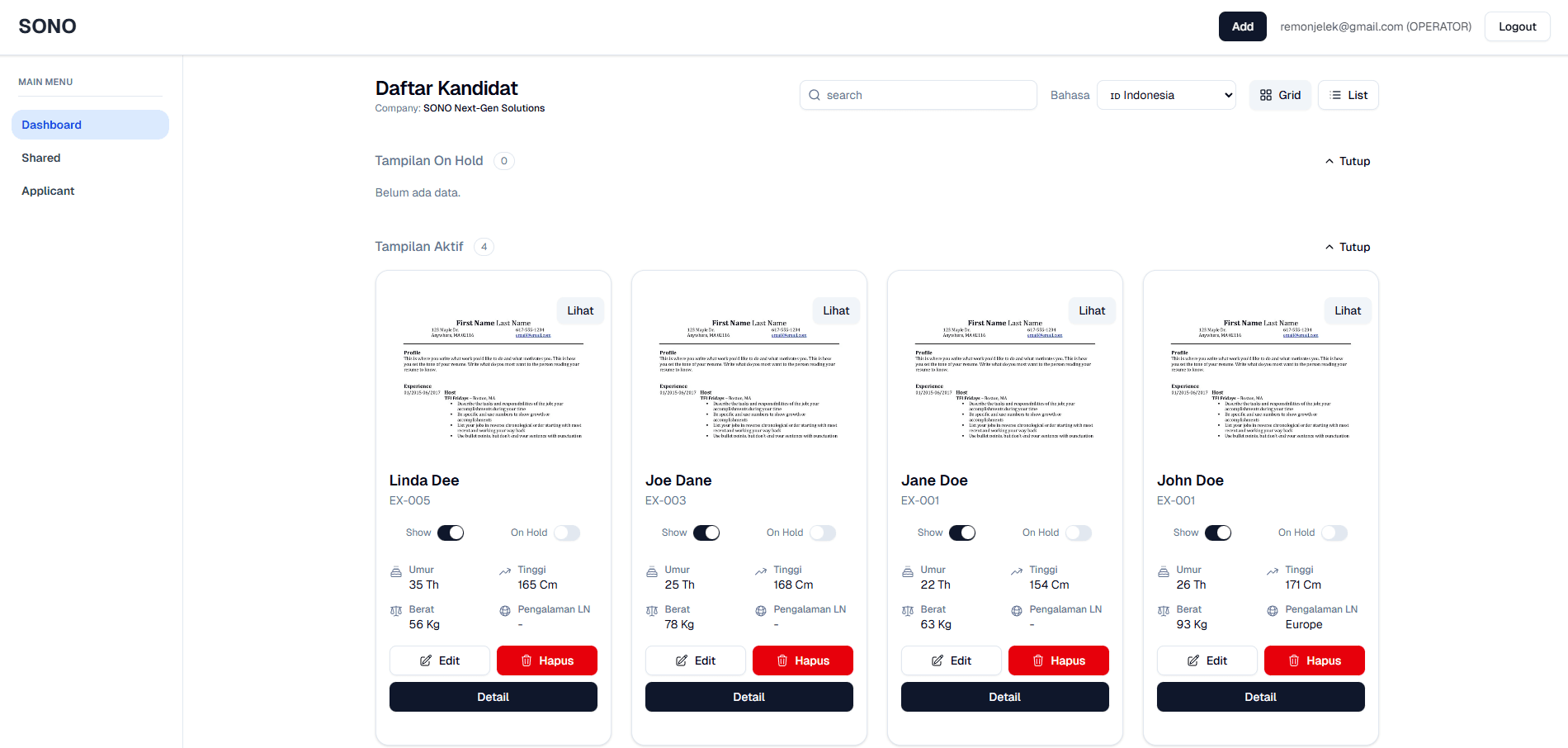 Applicant Management dashboard